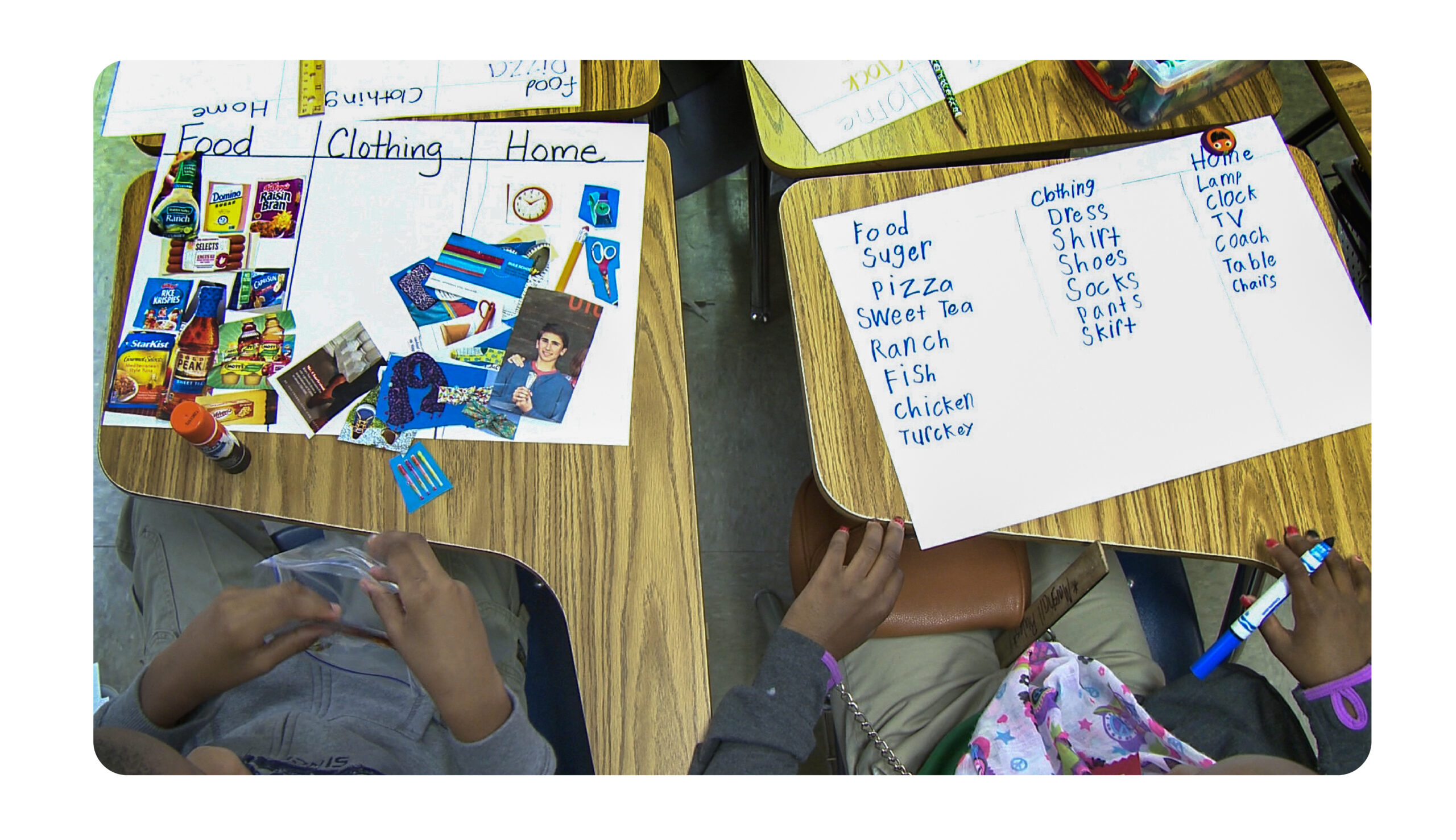 Two students work at desks, with two different ways that they demonstrate their learning.